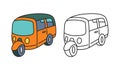 Cute tuk tuk vehicle illustrations, coloring page for kids, coloring book set