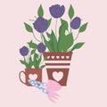 Cute tulips in pots and mugs, vector illustration