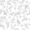 Cute tulips vector seamless pattern. Little flowers , branches, hearts, berries background.