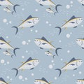 Cute tuna fish seamless pattern with bubbles and waves for child background or wrapping paper and seafood packaging