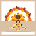 Cute turkey girl on maple leaves and apples wreath vector cartoon illustration for thanksgiving`s day card design