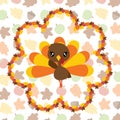 Cute turkey girl in maple leaves wreath cartoon illustration for thanksgiving`s day card design