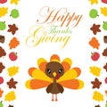 Cute turkey girl in the middle of maples leaves border vector cartoon illustration for thanksgiving`s day card design