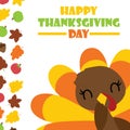 Cute turkey girl smiles and maples leaves border cartoon illustration for thanksgiving`s day card design