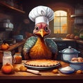 Cute turkey in a kitchen with chef hat, playfully nibbling on a small pie, surrounded by baking tools and ingredients cartoon Royalty Free Stock Photo