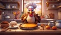 Cute turkey in a kitchen with chef hat, playfully and small pie, surrounded by baking tools and ingredients cartoon 3D Royalty Free Stock Photo