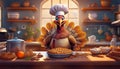 Cute turkey in a kitchen with chef hat, playfully and small pie, surrounded by baking tools and ingredients cartoon 3D funny Royalty Free Stock Photo