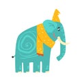 Cute turquoise cartoon elephant in a yellow hat and scarf. Jungle animal colorful character vector Illustration