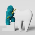 Cute turquoise fur Yeti brushing white healthy tooth 3D rendering Enamel whitening Tartar Plaque removal Caries Bacteria