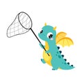 Cute Turquoise Little Dragon with Wings with Catching Net Vector Illustration