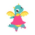 Cute Turquoise Little Dragon with Wings Dancing Ballet in Pink Dress and Pointe Shoes Vector Illustration Royalty Free Stock Photo