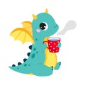 Cute Turquoise Little Dragon with Wings Drinking Warm Tea with Mug Vector Illustration