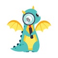 Cute Turquoise Little Dragon with Wings Looking in Magnifying Glass Vector Illustration