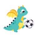Cute Turquoise Little Dragon with Wings Playing Football Vector Illustration
