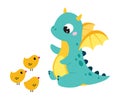 Cute Turquoise Little Dragon with Wings Talking to Yellow Chicks Vector Illustration Royalty Free Stock Photo