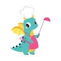 Cute Turquoise Little Dragon with Wings Wearing Apron and Chef Toque Holding Ladle Vector Illustration