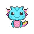 Cute turquoise pixel dragons. Kawaii dinosaur with funny ears