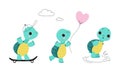 Cute turquoise turtle baby animals set. Tortoise reptilian animal character riding skateboard, walking with balloon Royalty Free Stock Photo