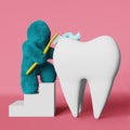 Cute turquoise Yeti brushing white tooth toothpaste 3D rendering Enamel whitening Tartar Plaque removal Caries Bacteria.