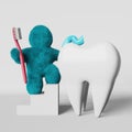 Cute turquoise Yeti brushing white tooth toothpaste 3D rendering Enamel whitening Tartar Plaque removal Caries Bacteria