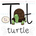 Happy Turtle Teaching the Alphabet`s Letter `T` Pronunciation, Vector Illustration