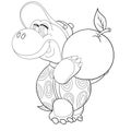 Cute turtle character holds big apple in its paws, outline drawing, isolated object on white background, Royalty Free Stock Photo