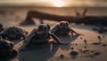 Cute turtle crawling on sandy coastline, slow movement generated by AI