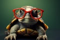 Cute turtle dons glasses, red wallpaper backdrop a smart, funny genius