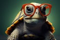 Cute turtle dons glasses, red wallpaper backdrop a smart, funny genius