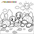 Cute turtles in the garden. Vector black and white coloring page.