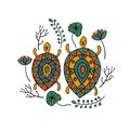 Cute Turtle family in ethnic ornament style. Couple of Tortoise with floral decor background. Art print isolated on