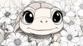 Cute Baby Turtle with Big Eyes Among Flowers, Cartoon Style, Black and White Royalty Free Stock Photo