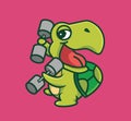 cute turtle lifting dumbbell fitness. cartoon animal sports concept Isolated illustration. Flat Style suitable for Sticker Icon