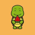 Cute turtle mascot character holding watermelon cartoon vector icon illustration Royalty Free Stock Photo