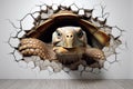 Cute turtle peeking out of a hole in wall for mockup. Generative AI Royalty Free Stock Photo