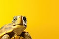 Cute turtle portrait with a vivid yellow background, perfect for wildlife conservation messages, educational content, or
