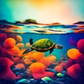 cute turtle smiling under the sea.