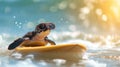 A cute turtle surfer enjoys a fun-filled summer day at the beach, riding waves with enthusiasm, Ai Generated