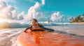 A cute turtle surfer enjoys a fun-filled summer day at the beach, riding waves with enthusiasm, Ai Generated