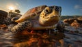 Cute turtle swimming in nature beauty, underwater, at sunset generated by AI