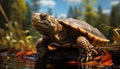 A cute turtle swims in a pond, surrounded by nature generated by AI