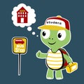 Cartoon of cute turtle waiting for school bus