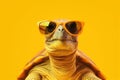 Cute turtle wearing sunglasses on yellow background