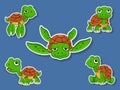 Cute Turtles Cartoon Sticker Set. Vector Illustration With Cartoon Happy Animal