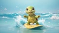 Cute turtles are surfing on the beach waves. AI Generated