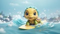 Cute turtles are surfing on the beach waves. AI Generated