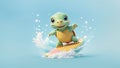 Cute turtles are surfing on the beach waves. AI Generated