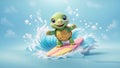 Cute turtles are surfing on the beach waves. AI Generated