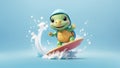 Cute turtles surfing on the beach waves. AI Generated