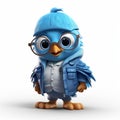 Cute Tweeting Bird In Blue Jacket And Glasses - Physically Based Rendering Royalty Free Stock Photo